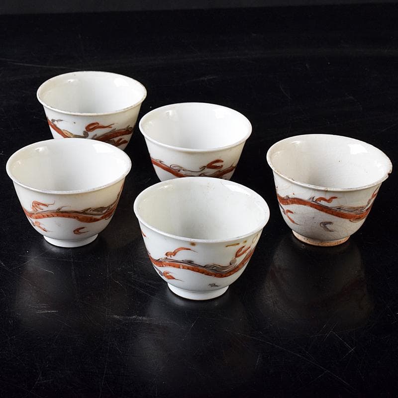 中国　南京赤絵　雲龍文　煎茶碗　五客　時代箱付　D　R8753