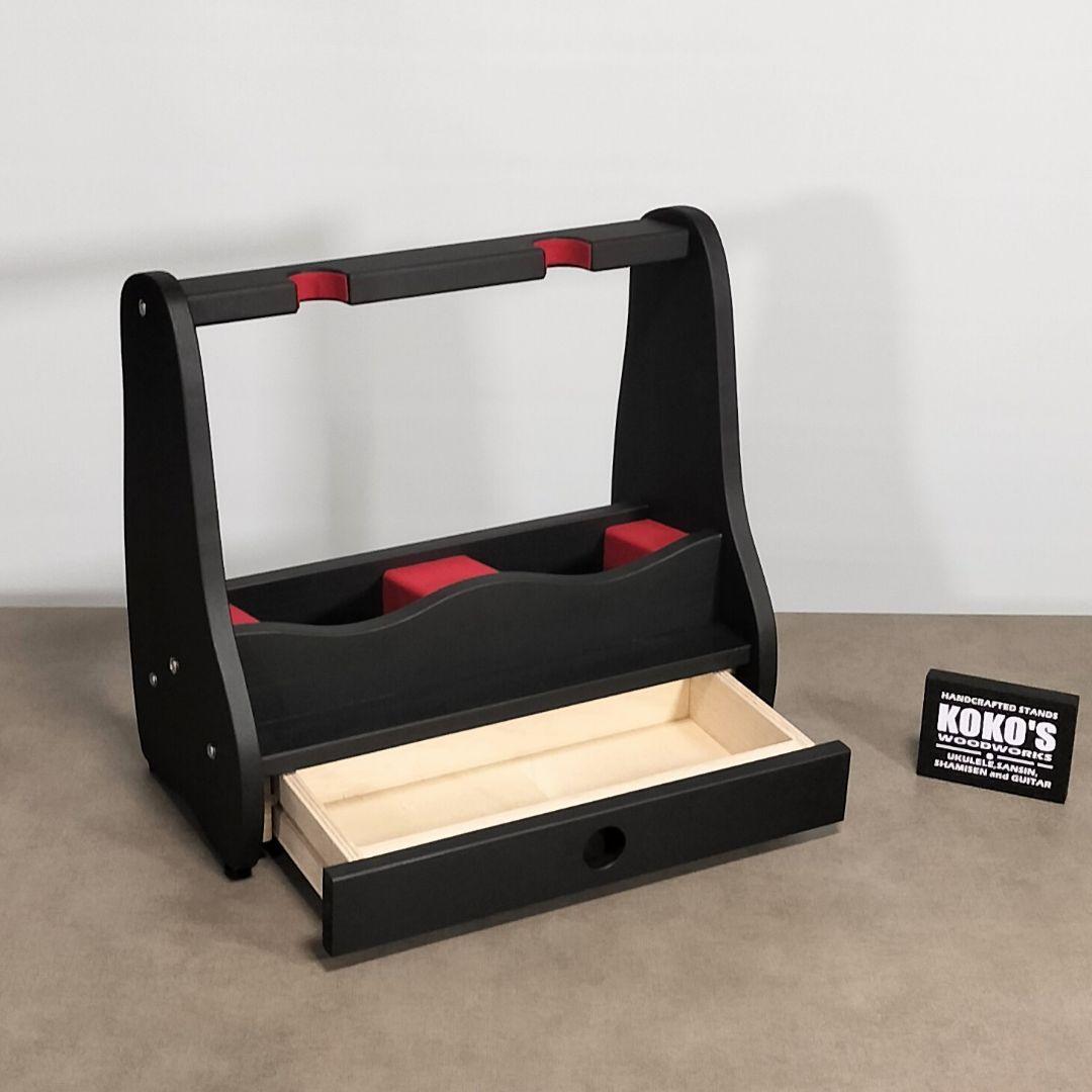 ♪手作り　沖縄三線スタンド　正面向き2丁並び引き出し付き♪