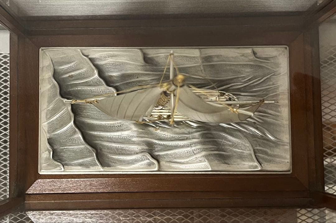 銀製(刻印)帆船 模型 置物 台付 ヨット シルバー 金属工芸 ガラスケース