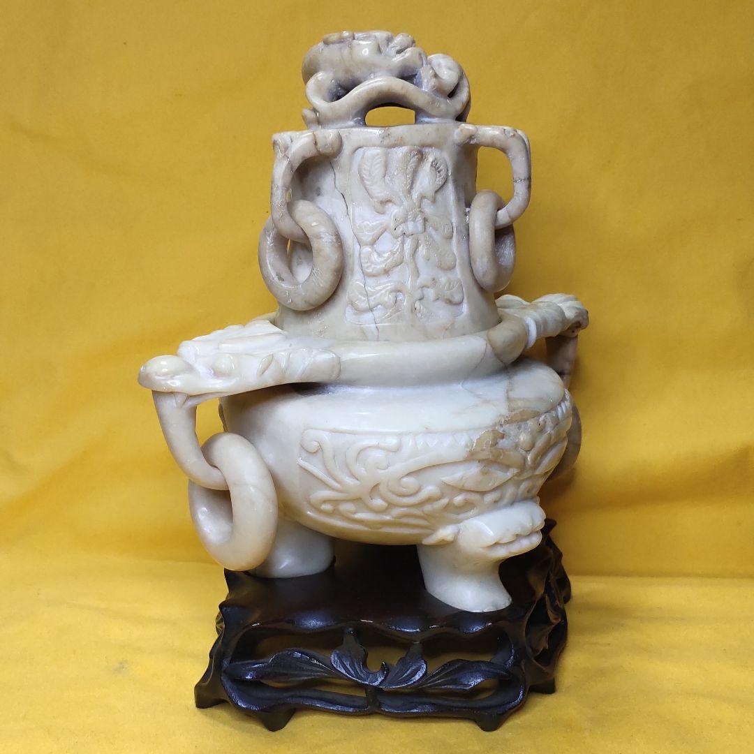 玉石彫刻 遊環香炉 木彫り台 共箱 石細工 アンティーク 旧家蔵出 風水グッズ
