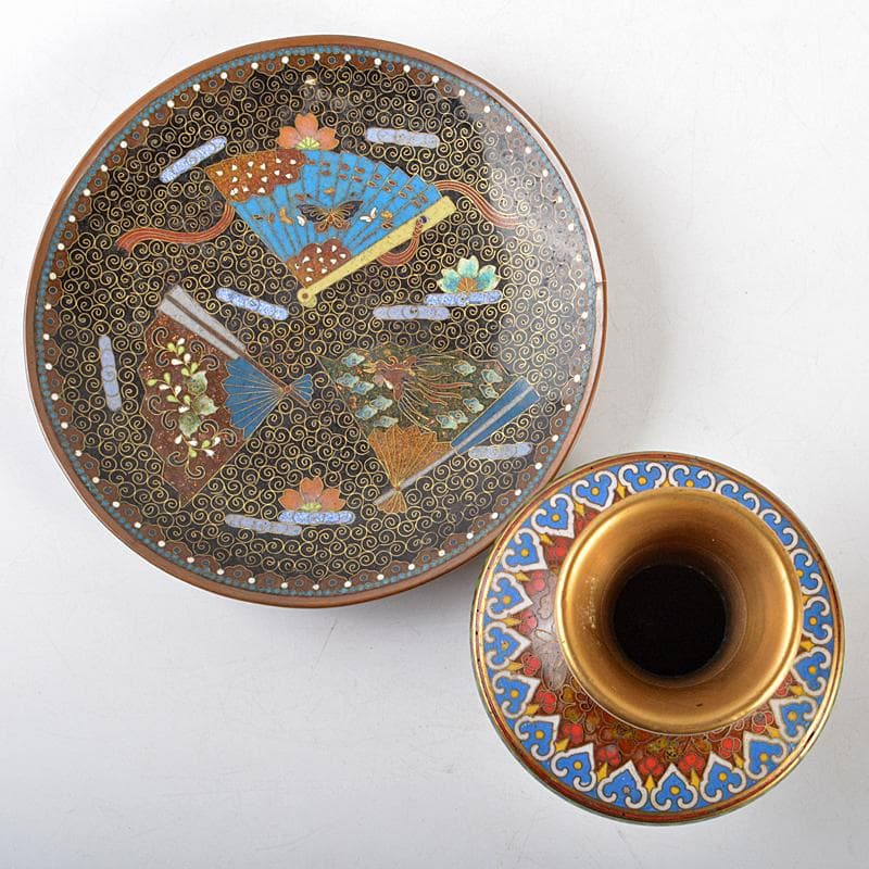 中国　古七宝琺瑯彩　鶴文瓶　扇子文盤　花瓶　皿　2点まとめて　M　R5802