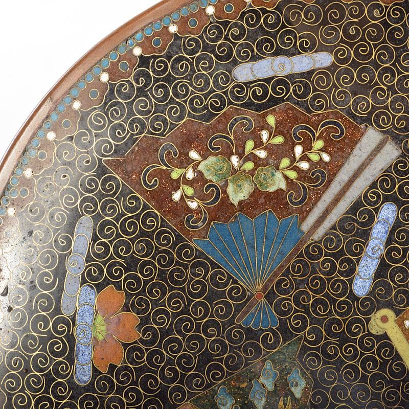 中国　古七宝琺瑯彩　鶴文瓶　扇子文盤　花瓶　皿　2点まとめて　M　R5802