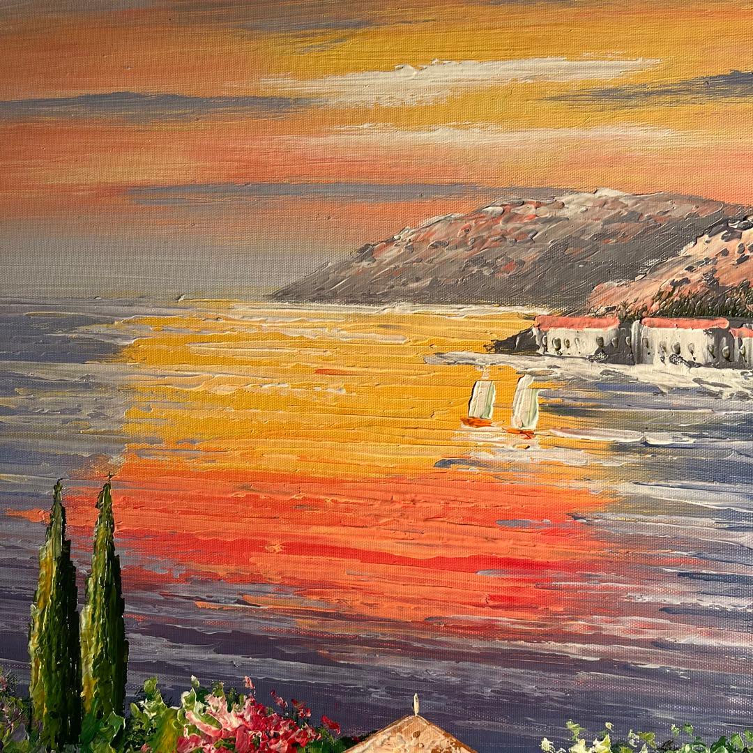 ★特大秀作★ 手書き油絵 地中海の風景 肉筆絵画 額付き インテリア 油彩画