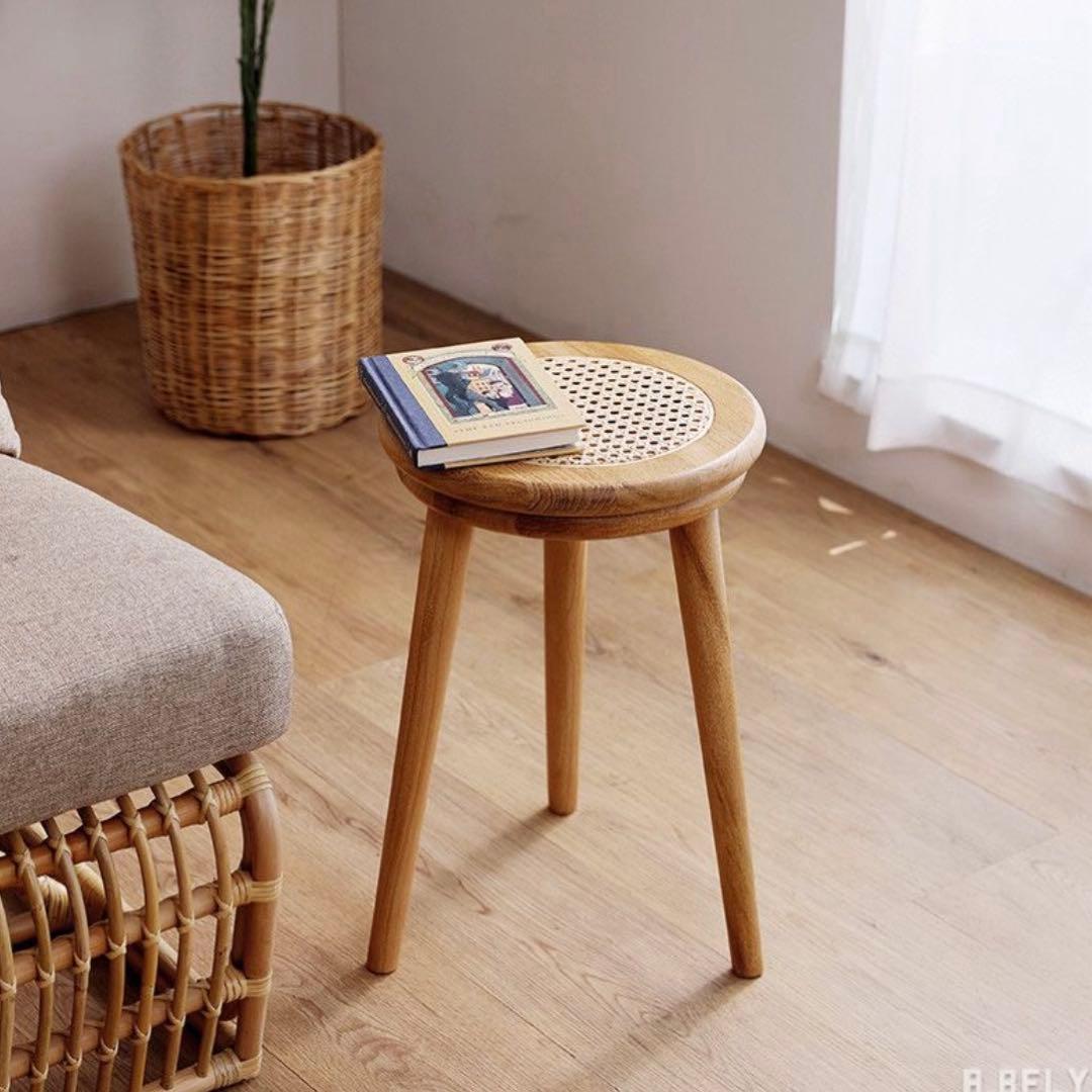 チーク無垢材×ラタン 丸スツール