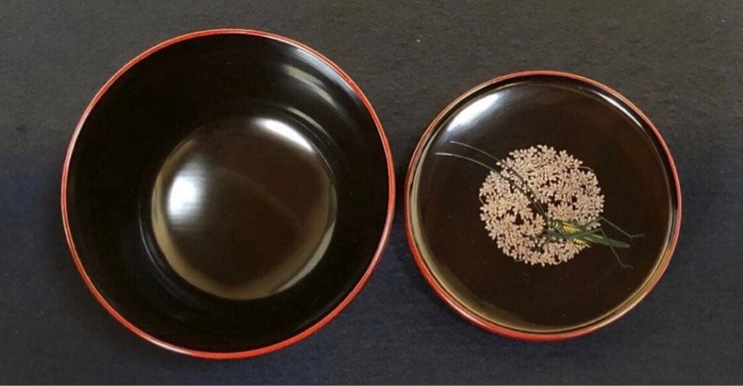 《レ》元禄形 溜塗 蒔絵付 吸物椀5客 木製漆器 木箱 251113え1