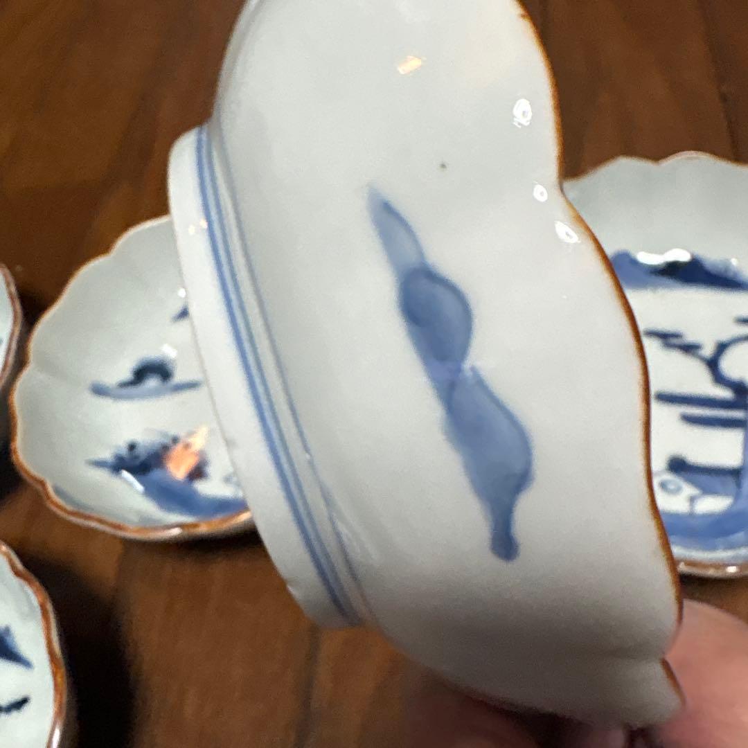 最処古伊万里染付なます皿（鉢）五個セット濃淡の色合い綺麗な山水こだわりの裏印名品