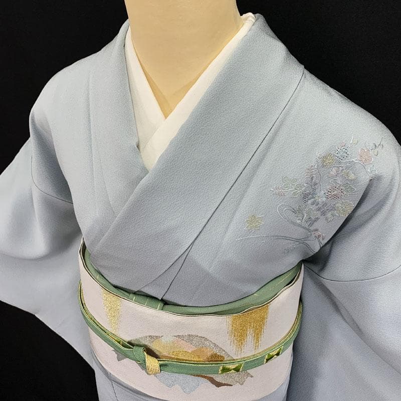 601mh53☆付下げ スワトウ刺繍 シンプル 水辺に花車 灰青☆しつけ付き美品