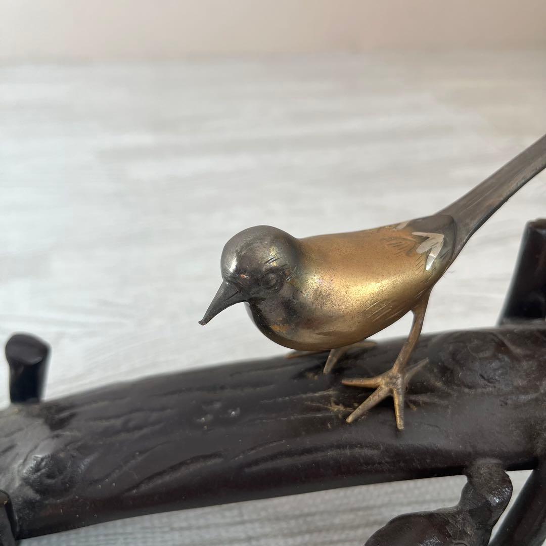 伝統工芸　美術　小鳥　木　止まり木　銅器 真鍮　正晴刻印　金属工芸　古物　骨董