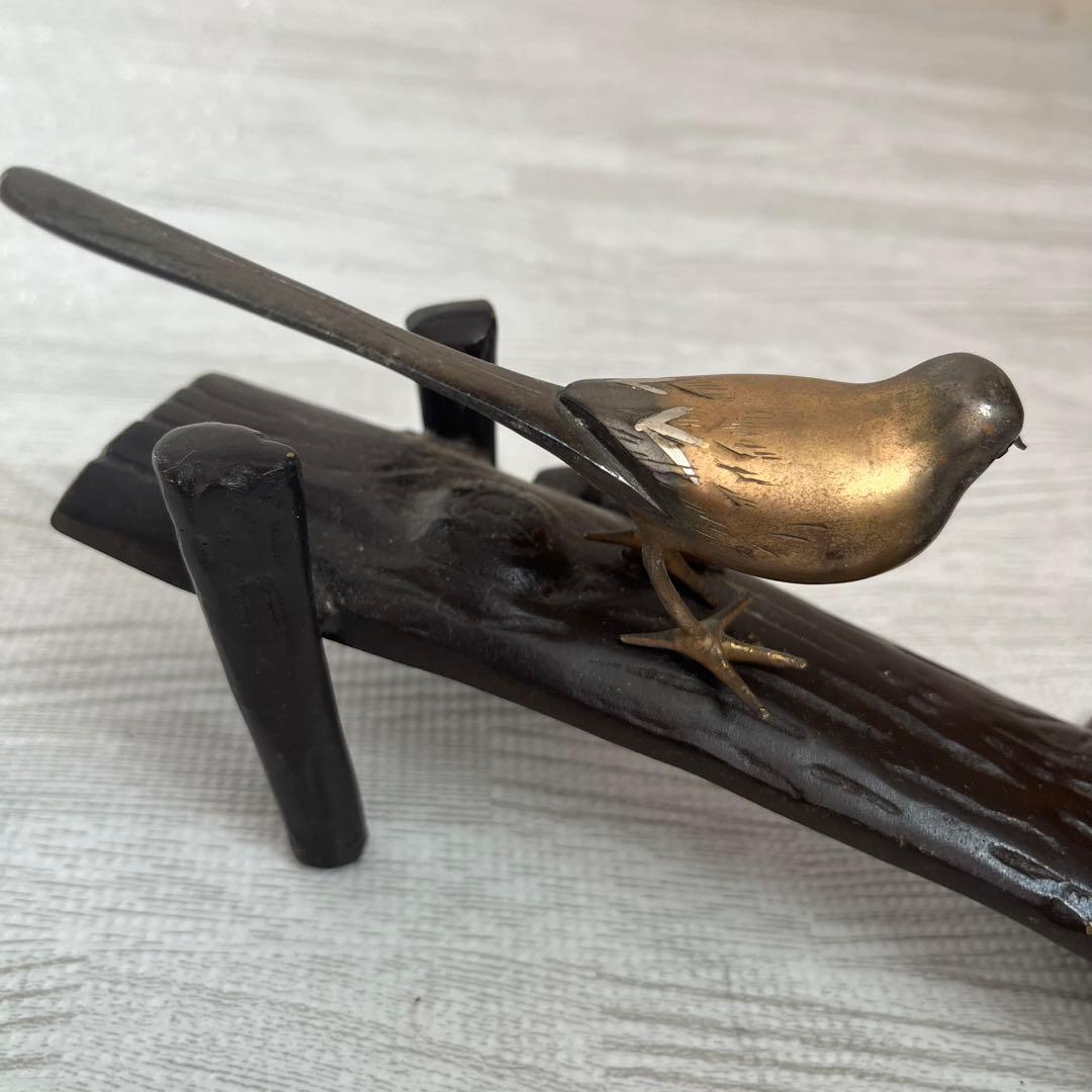 伝統工芸　美術　小鳥　木　止まり木　銅器 真鍮　正晴刻印　金属工芸　古物　骨董