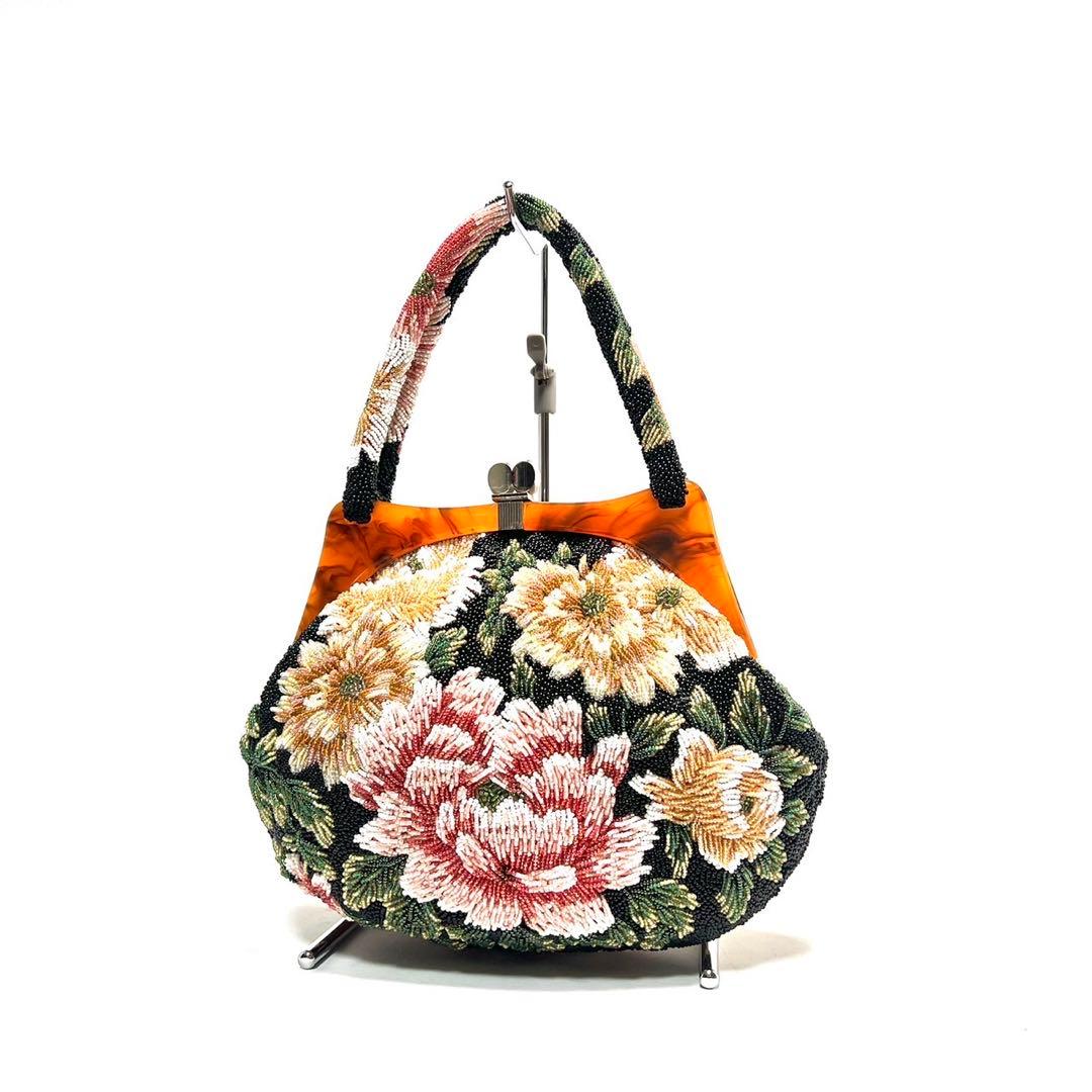 【美品】ビーズ総刺繍/花柄 ボタニカル柄/ハンドバッグ 和装バッグ ビーズバッグ