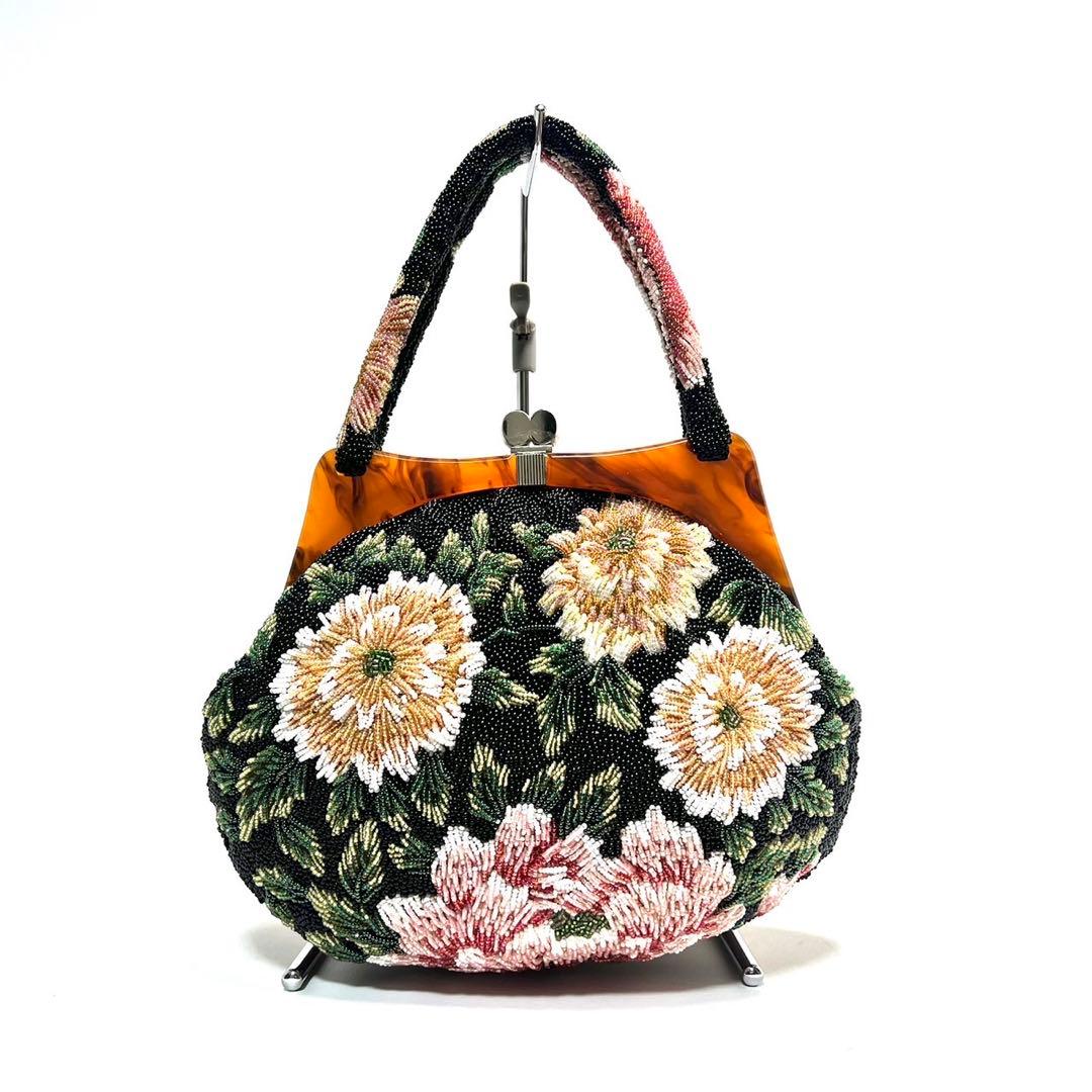 【美品】ビーズ総刺繍/花柄 ボタニカル柄/ハンドバッグ 和装バッグ ビーズバッグ