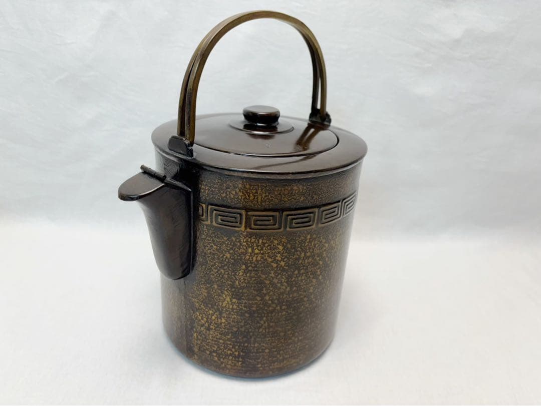 美品 茶道具 銅製 寸度形雷紋 水注 やかん 口蓋 薬缶 湯沸 金属工芸 紙箱