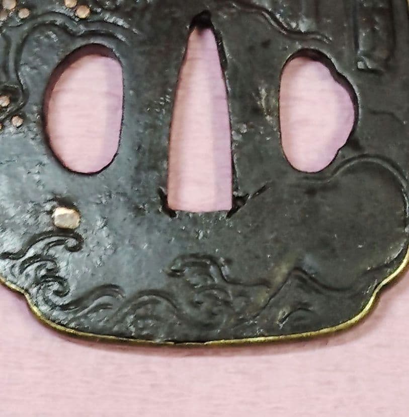 刀装具 鐔 鍔 無銘 鉄地 銅覆輪 金象嵌 色絵 賢人風景図 木瓜形鐔 時代物