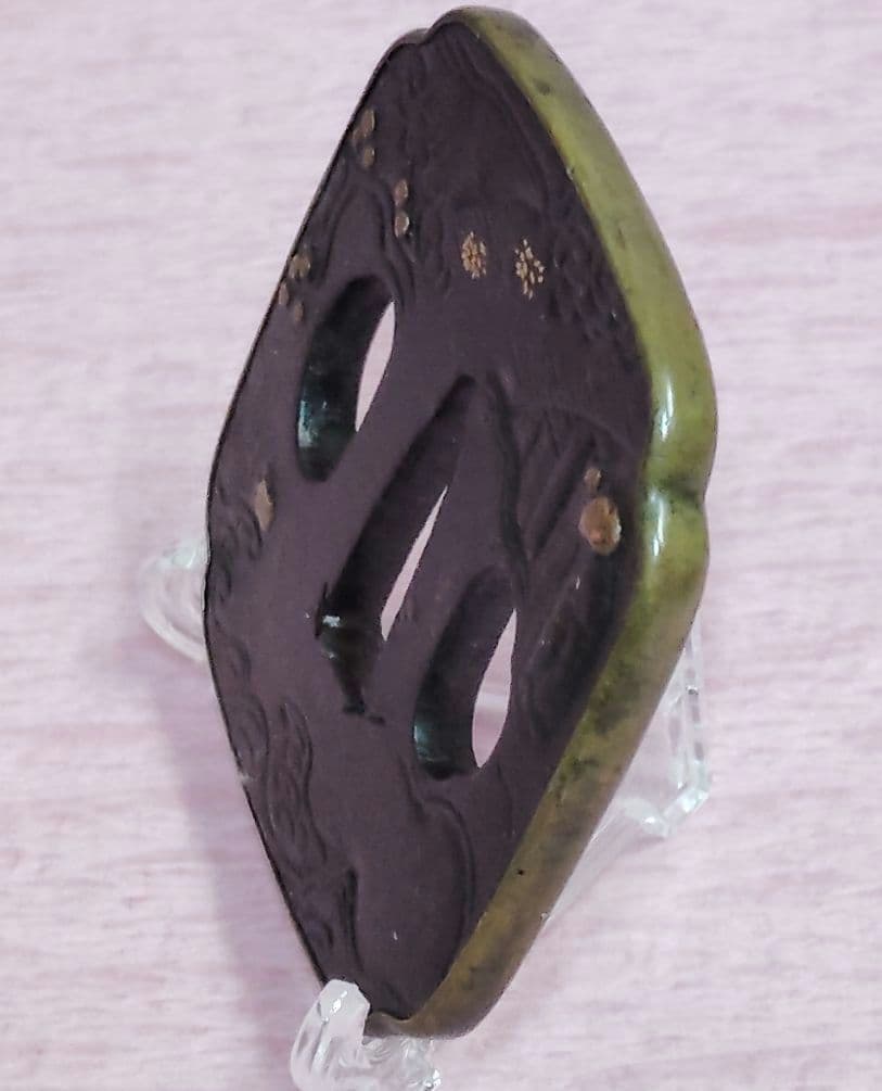 刀装具 鐔 鍔 無銘 鉄地 銅覆輪 金象嵌 色絵 賢人風景図 木瓜形鐔 時代物