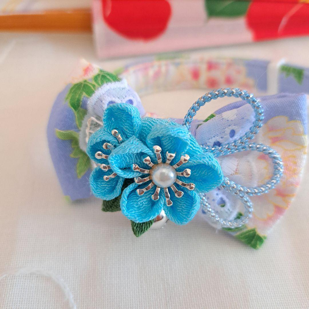シングルリボン、和風つまみ細工(水色)わんちゃん猫ちゃん用首輪