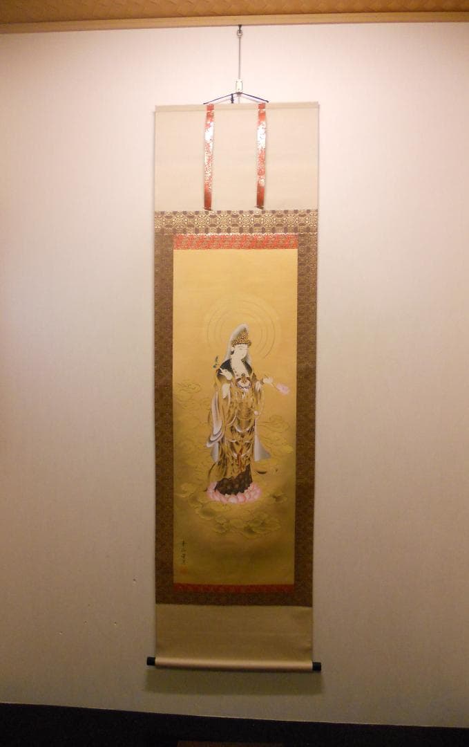 掛け軸 『 雲上観音 』 福田素仙 謹写 絹本 共箱 希少 軸装 掛軸 美品