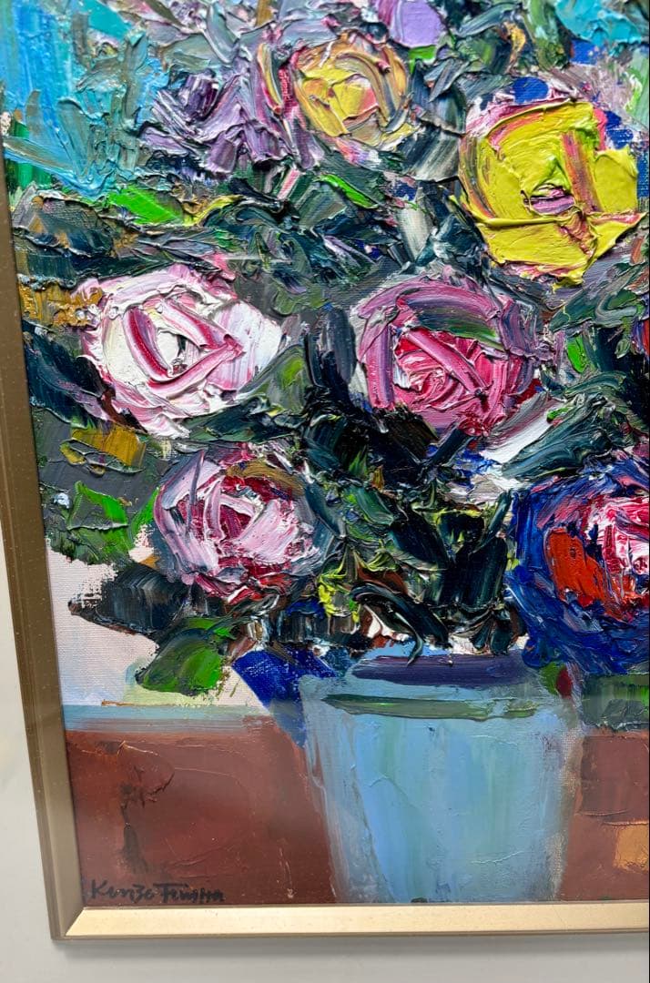 ケ*ん様 #藤田謹三「ばら」1970年 油彩画 額装 直筆サイン