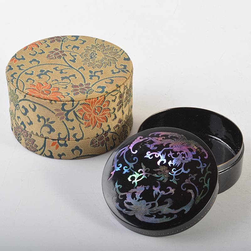 韓国漆器　螺鈿細工　圓式菓子器　小物入　宝石箱　箱付　C　R7470
