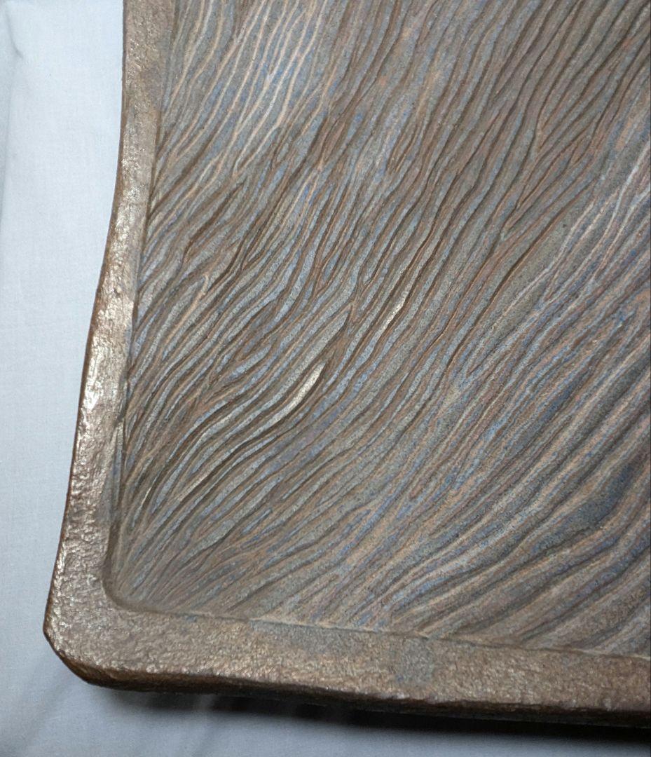 【直しあり】岡山県重要無形文化財 山本出 備前焼 足付縞文様長方皿 花台 陶板