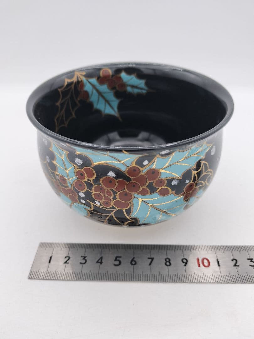 c410【新品・未使用】茶碗 黒仁清 柊に雪 水出絢 紙箱 茶道具