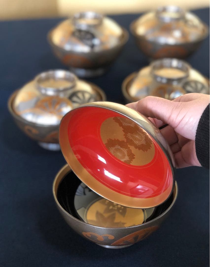 《R》輪島塗 銀地源氏車蒔絵 煮物椀5客 木製漆器 木箱 251204お3