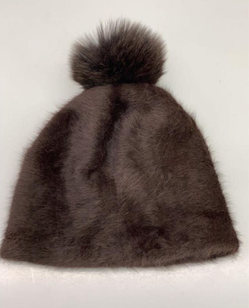 Maxmara リアルファー　アンゴラ　ニット帽　ポンポン付　ブラウン　ビーニー