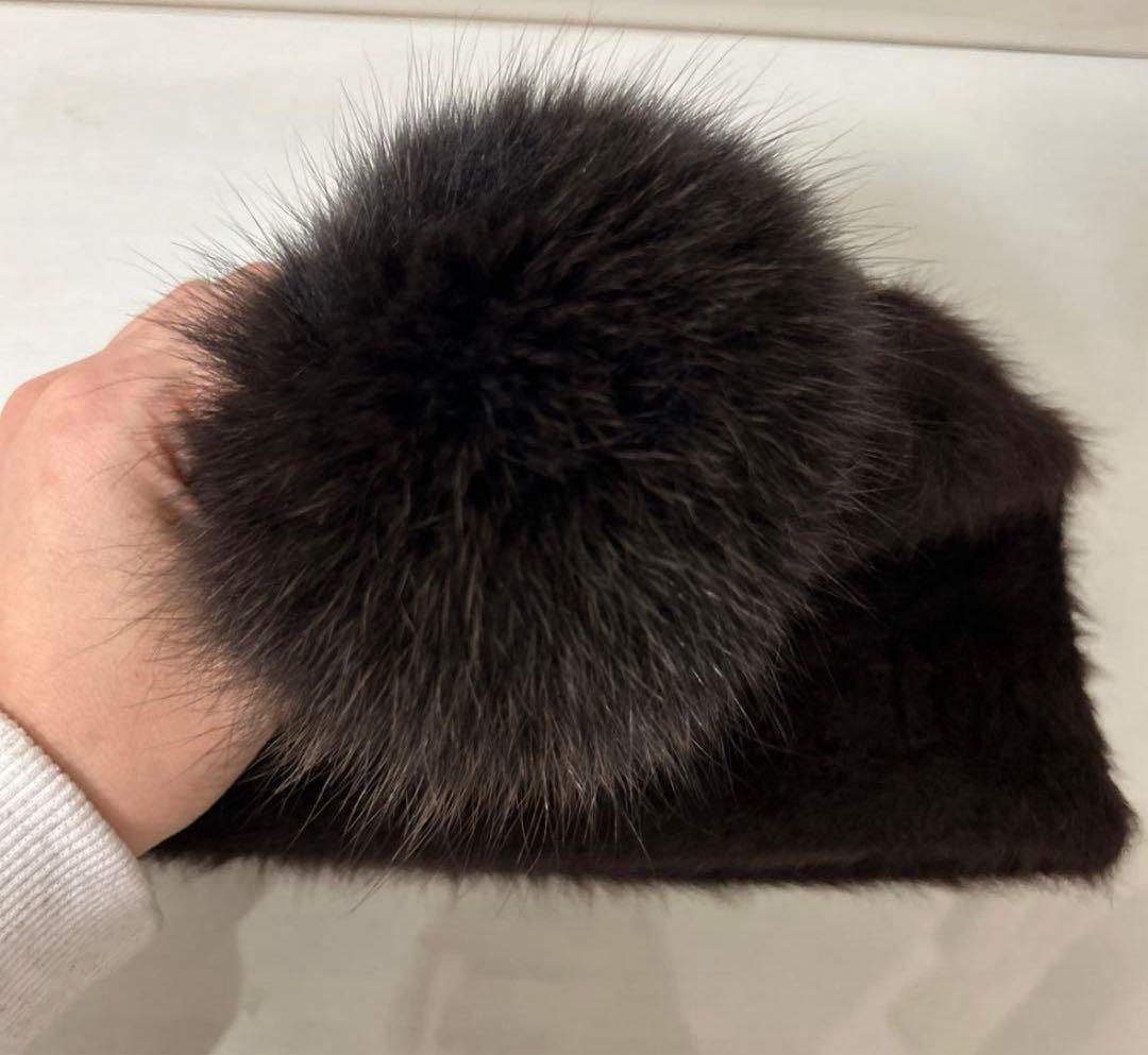 Maxmara リアルファー　アンゴラ　ニット帽　ポンポン付　ブラウン　ビーニー