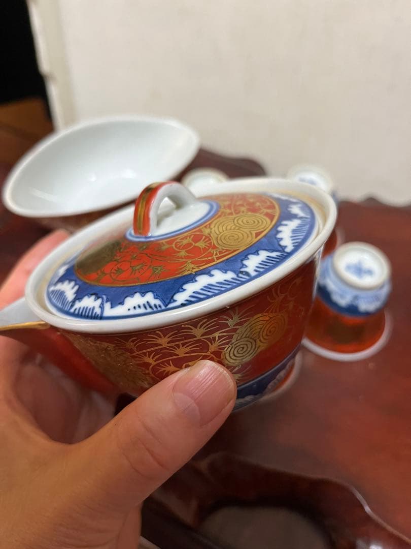 九谷焼 煎茶道具　煎茶器セット　長右衛門 金蘭手 茶器　細長湯冷し　骨董