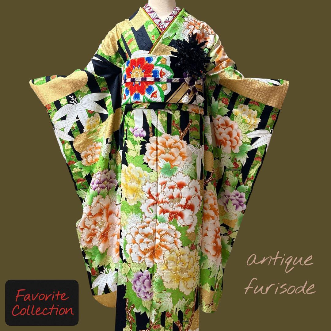 (う10) 竹縞に咲く艶牡丹 大正浪漫な雰囲気を漂わすアンティーク振袖⑤点セット