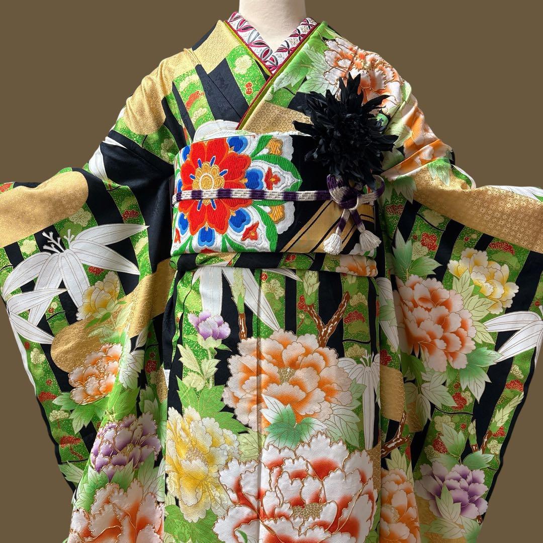 (う10) 竹縞に咲く艶牡丹 大正浪漫な雰囲気を漂わすアンティーク振袖⑤点セット