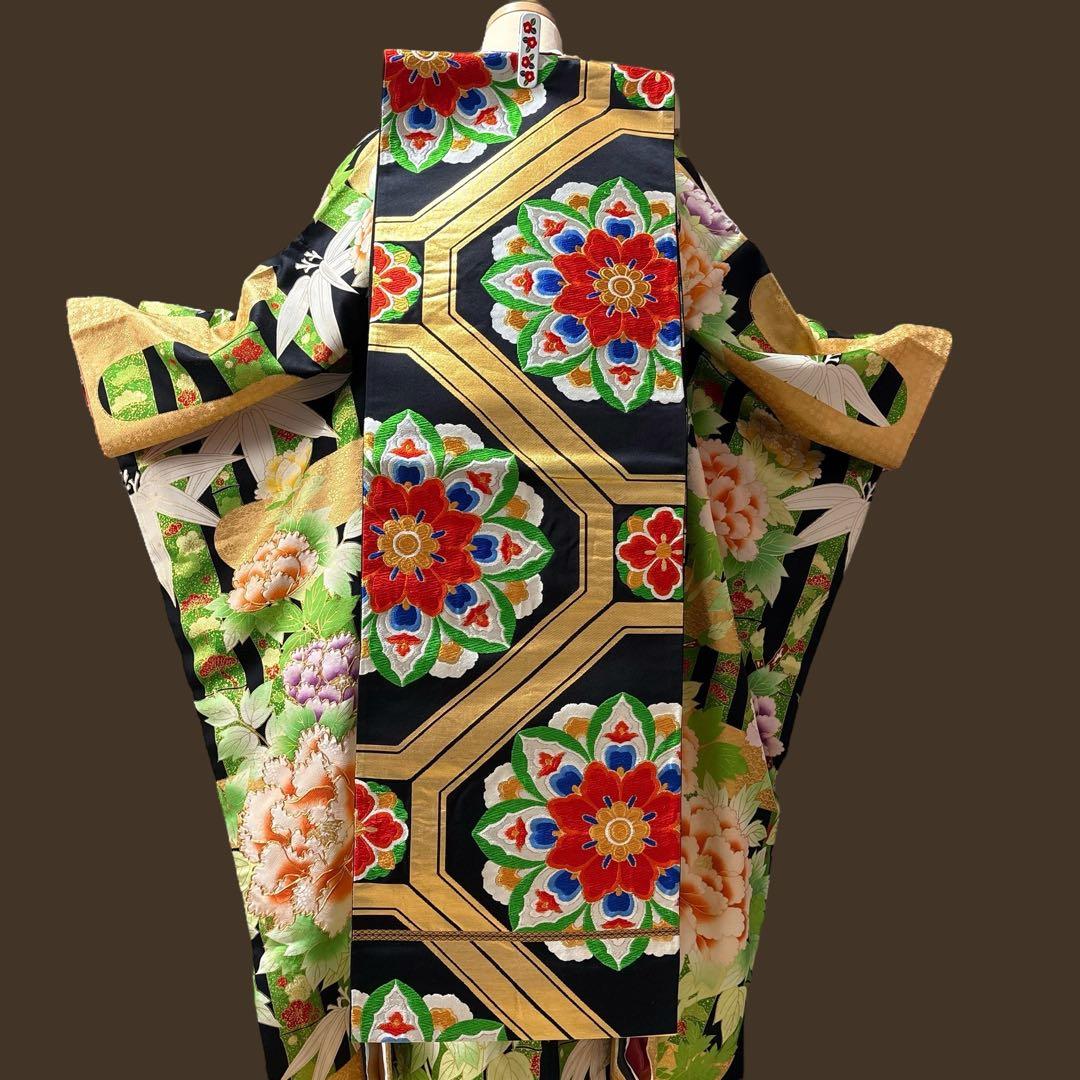 (う10) 竹縞に咲く艶牡丹 大正浪漫な雰囲気を漂わすアンティーク振袖⑤点セット