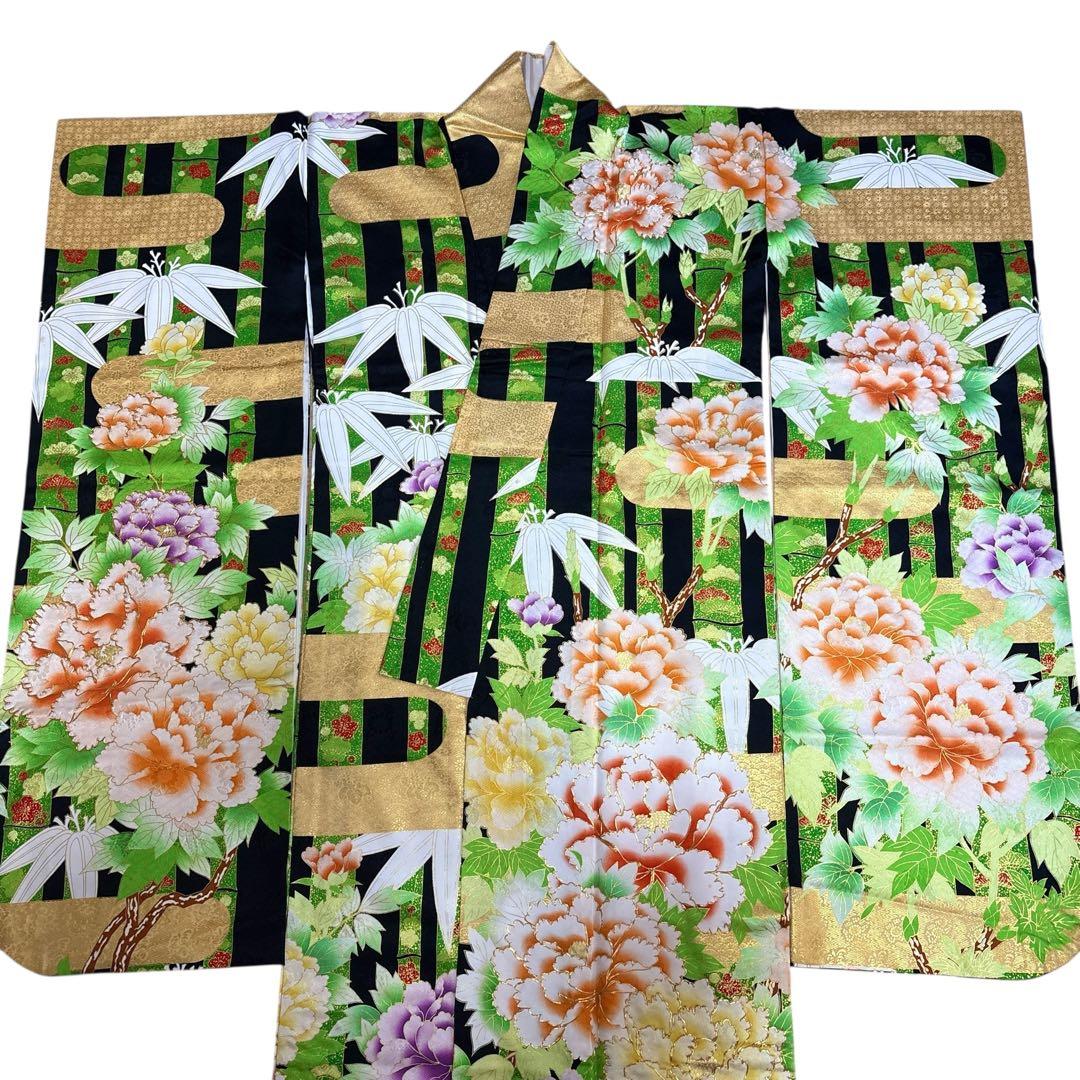 (う10) 竹縞に咲く艶牡丹 大正浪漫な雰囲気を漂わすアンティーク振袖⑤点セット