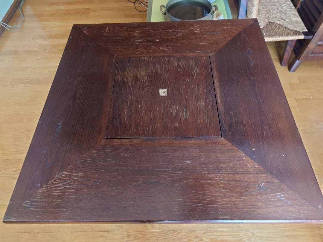 九州民芸家具　火鉢炉付卓子回転台付　ダイニングテーブル　銅製火床　囲炉裏テーブル