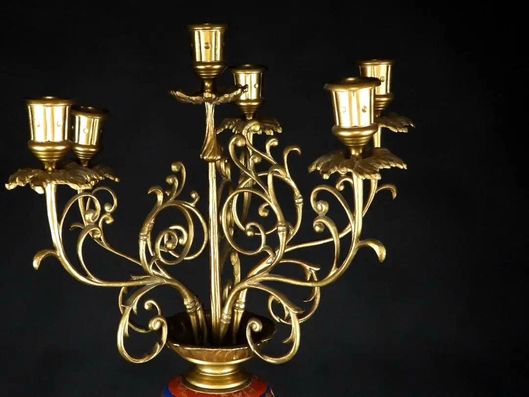 古美術 有田焼 色絵 花鳥紋 銅製 獣耳遊環 四足 燭台/高さ約103.6cm