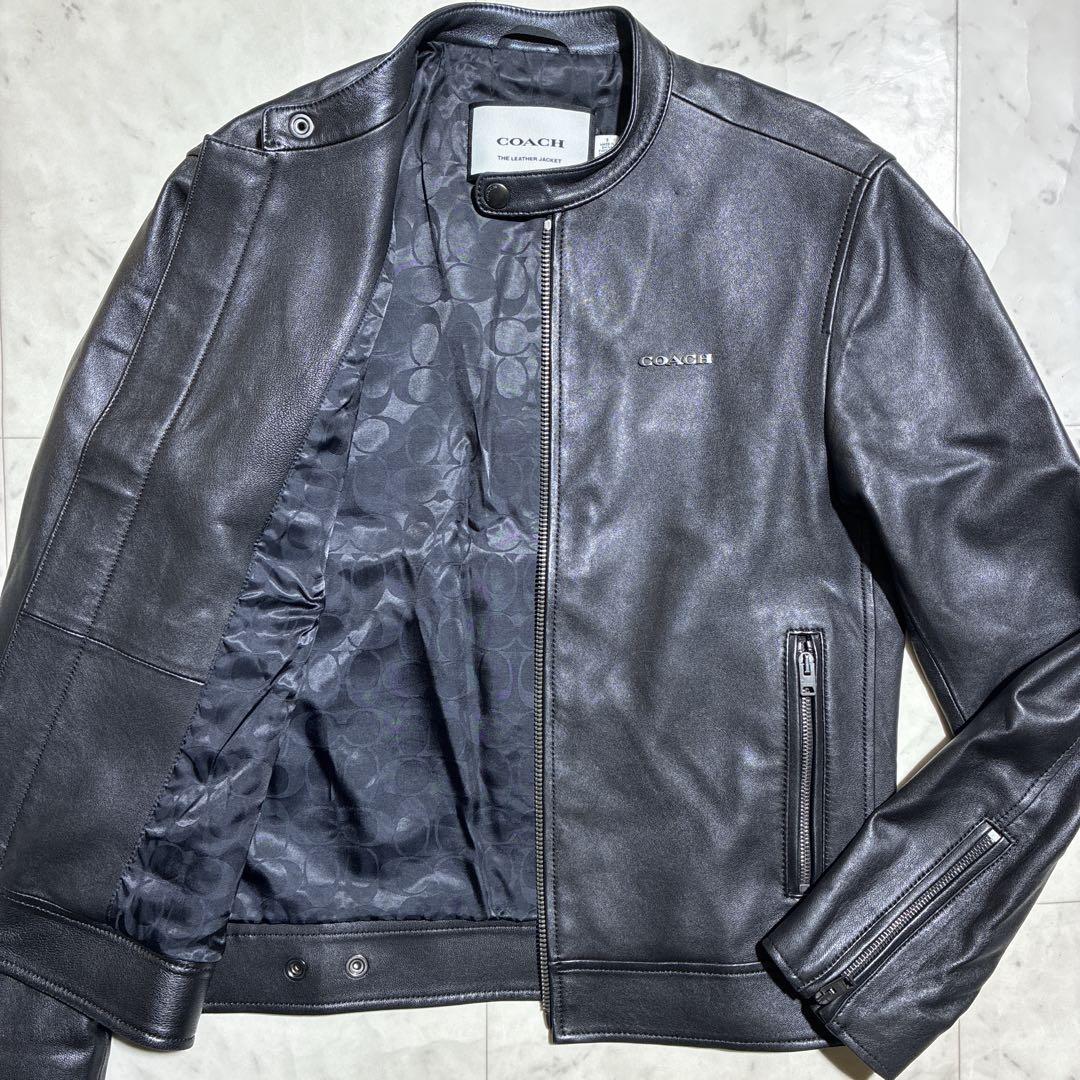 未使用級　COACH ライダースジャケット　ラムレザー　シグネチャー　黒　ロゴ