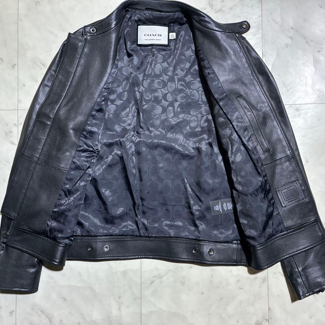 未使用級　COACH ライダースジャケット　ラムレザー　シグネチャー　黒　ロゴ
