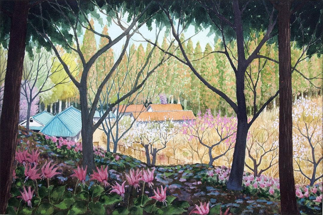 絵画「森はカタクリの花盛り」　水彩画