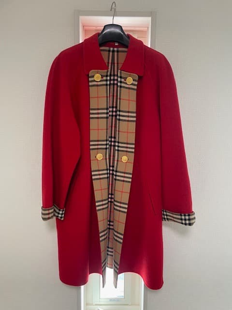 美品 バーバリー 希少赤 ダブルブレスト コート タータンチェック