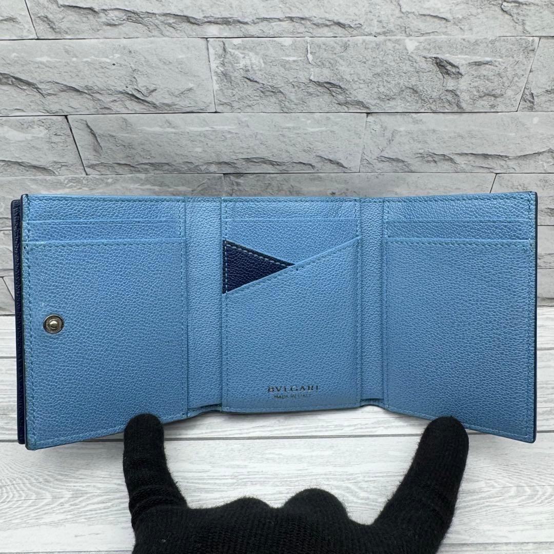 【aya☆】ブルガリ バイカラー　RFID　三つ折り財布 サークルロゴ　ネイビー