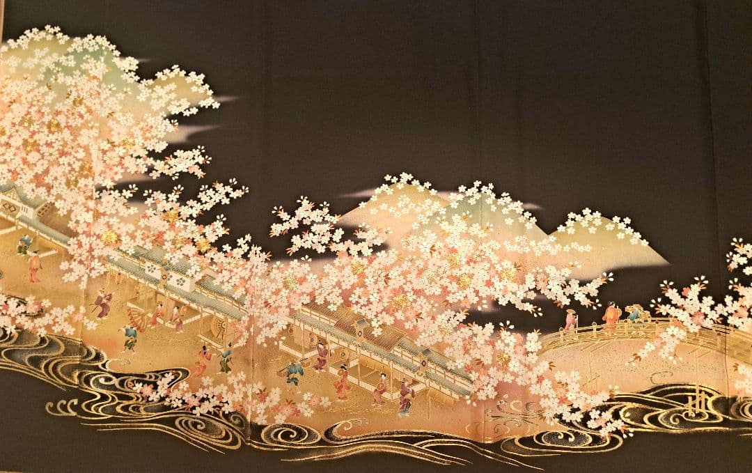 美品❇️作家物手描友禅　金彩駒刺繍　 黒留め袖 　５つ紋　6点フルセット