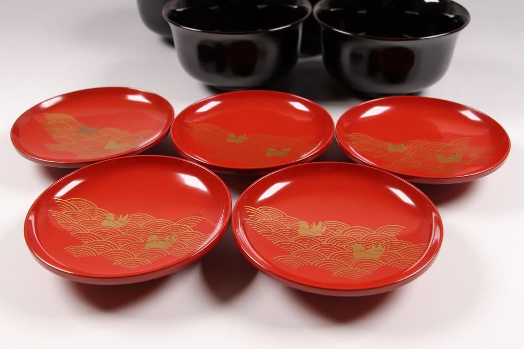 CK82 塗師 辻石斎 盃蓋吸物椀 四客 朱塗 黒塗 波に鳥 金蒔絵 木製漆器