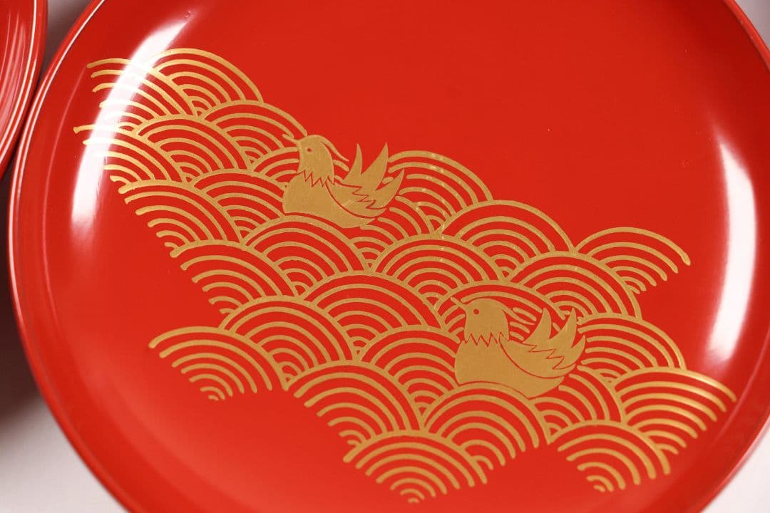 CK82 塗師 辻石斎 盃蓋吸物椀 四客 朱塗 黒塗 波に鳥 金蒔絵 木製漆器