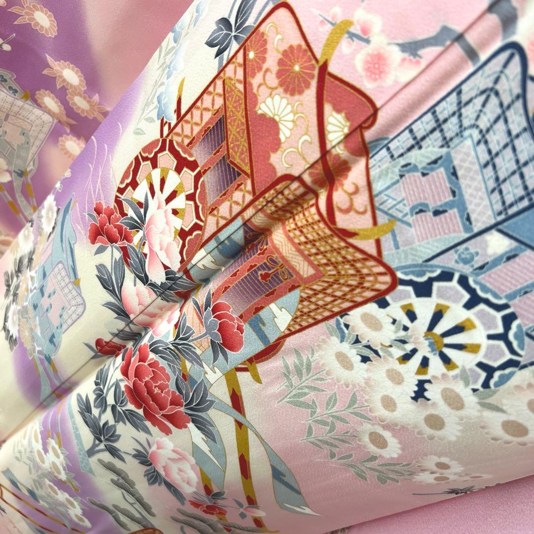 392 振袖フルセット 正絹 薄桃 薄紫 白 ピンク ラベンダー 金彩 暈し染め