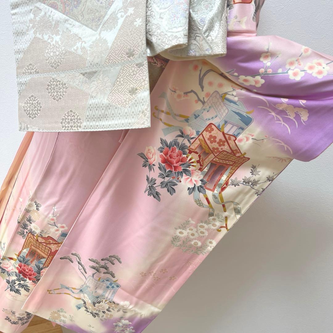 392 振袖フルセット 正絹 薄桃 薄紫 白 ピンク ラベンダー 金彩 暈し染め