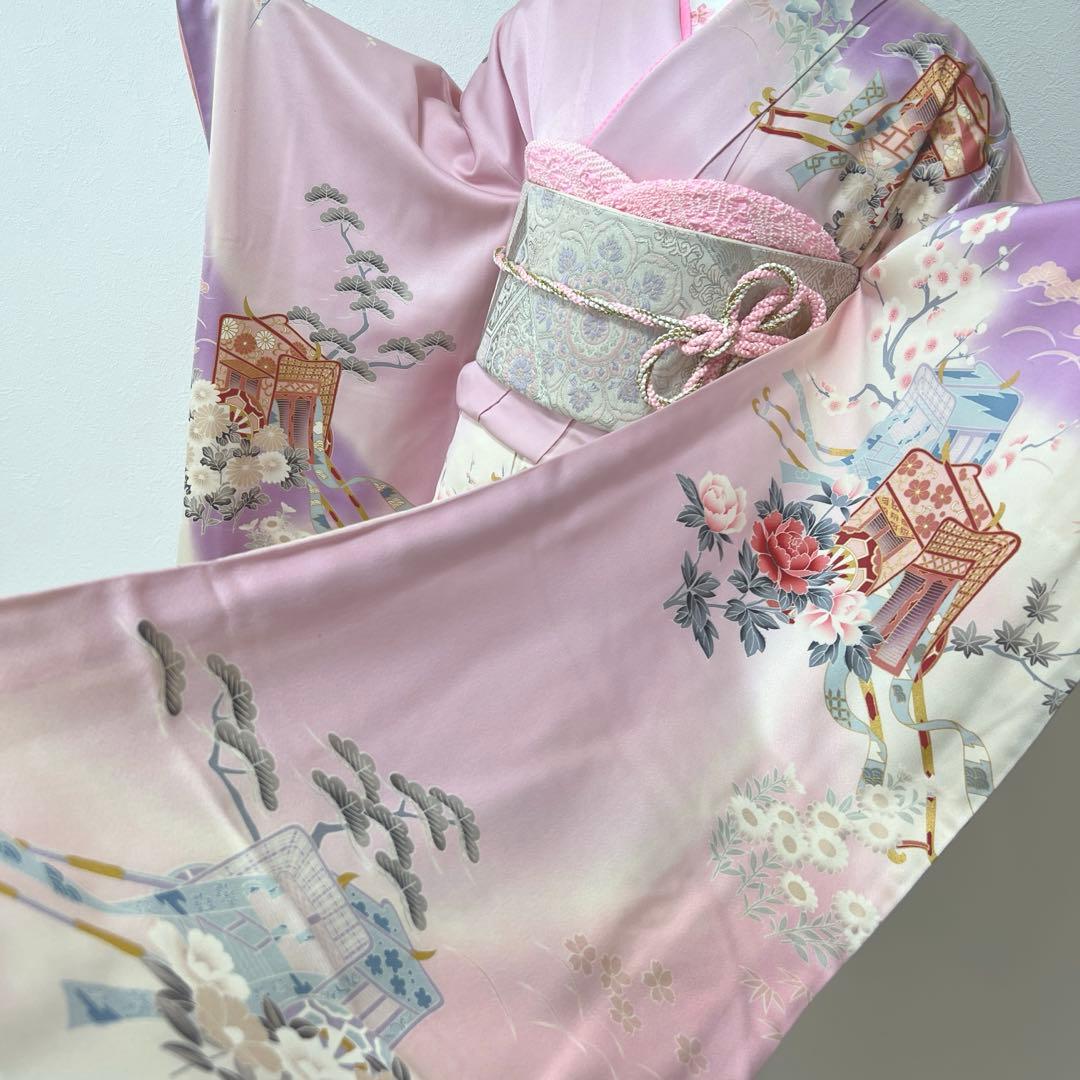 392 振袖フルセット 正絹 薄桃 薄紫 白 ピンク ラベンダー 金彩 暈し染め
