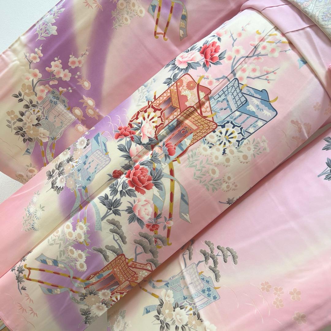 392 振袖フルセット 正絹 薄桃 薄紫 白 ピンク ラベンダー 金彩 暈し染め