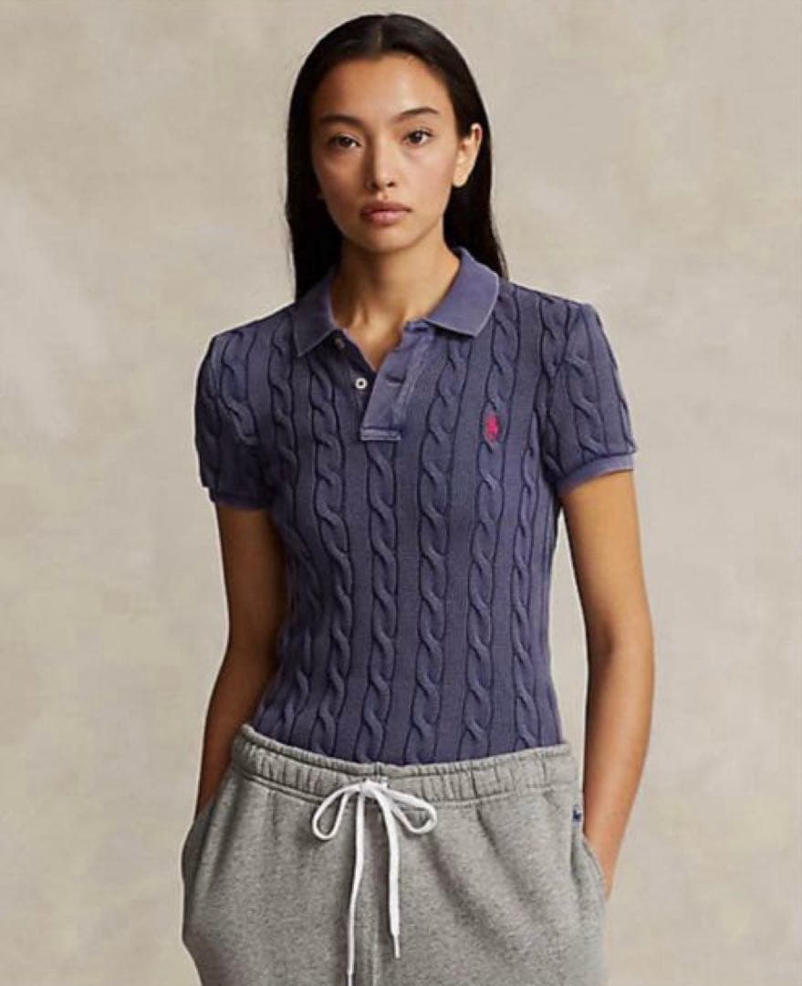美品　ポロラルフローレン　ケーブルニット ポロシャツ　XS ネイビー　洗濯