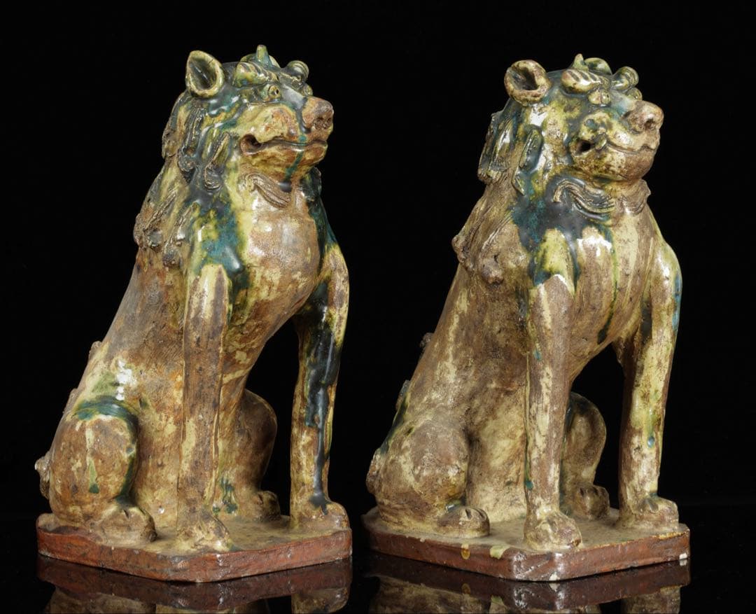 江戸期名陶 【加藤春岱】 瀬戸焼 特大狛犬 阿吽 一対 桐箱 獅子 古美術 骨董