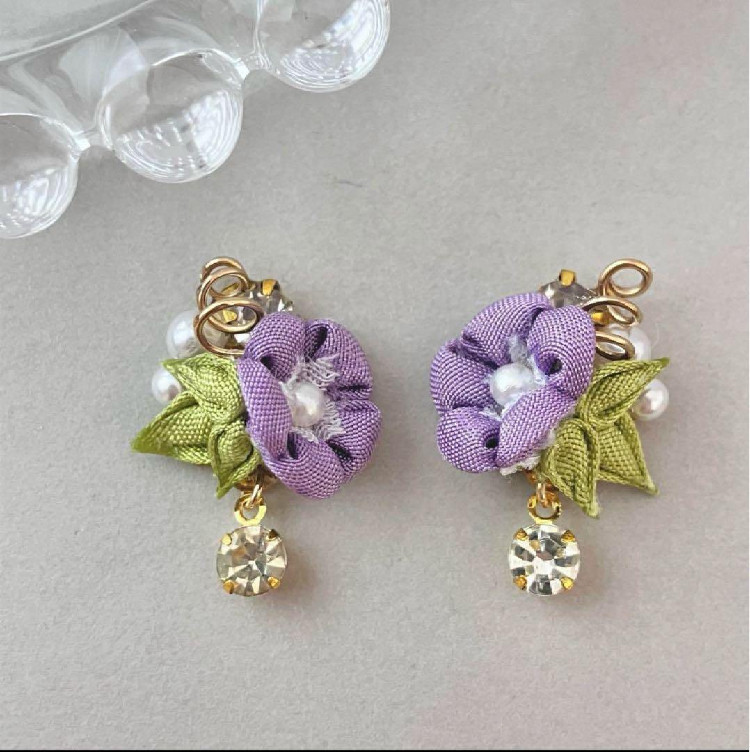 no.660 藤ビジューピアス　イヤリング　和風　成人式　着物　紫