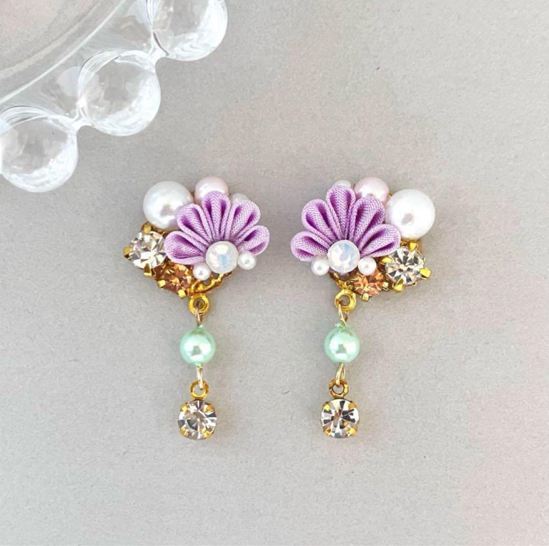 no.660 藤ビジューピアス　イヤリング　和風　成人式　着物　紫